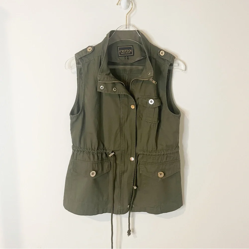 Green Sleeveless Cargo Vest drawstring waist Zipper and button closure - Picture 3 of 10